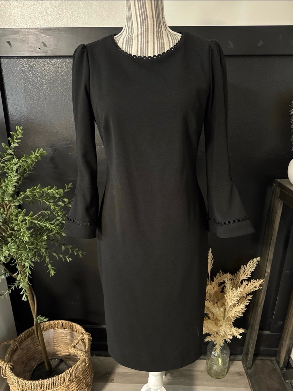 Calvin Klein Black Dress Bell Sleeves Modest Classic Chic Minimalist Sz 10